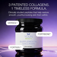 YOUN Beauty unflavored collagen powder scoop in front of bottle
