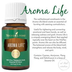 Close-up of Aroma Life bottle label showing premium-grade blend.