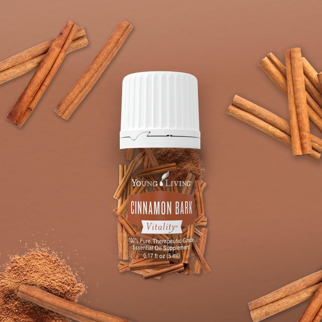 Front view of Cinnamon Bark Vitality bottle on a kitchen counter.