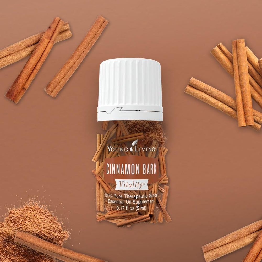 Front view of Cinnamon Bark Vitality bottle on a kitchen counter.