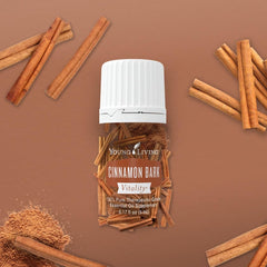 Front view of Cinnamon Bark Vitality bottle on a kitchen counter.