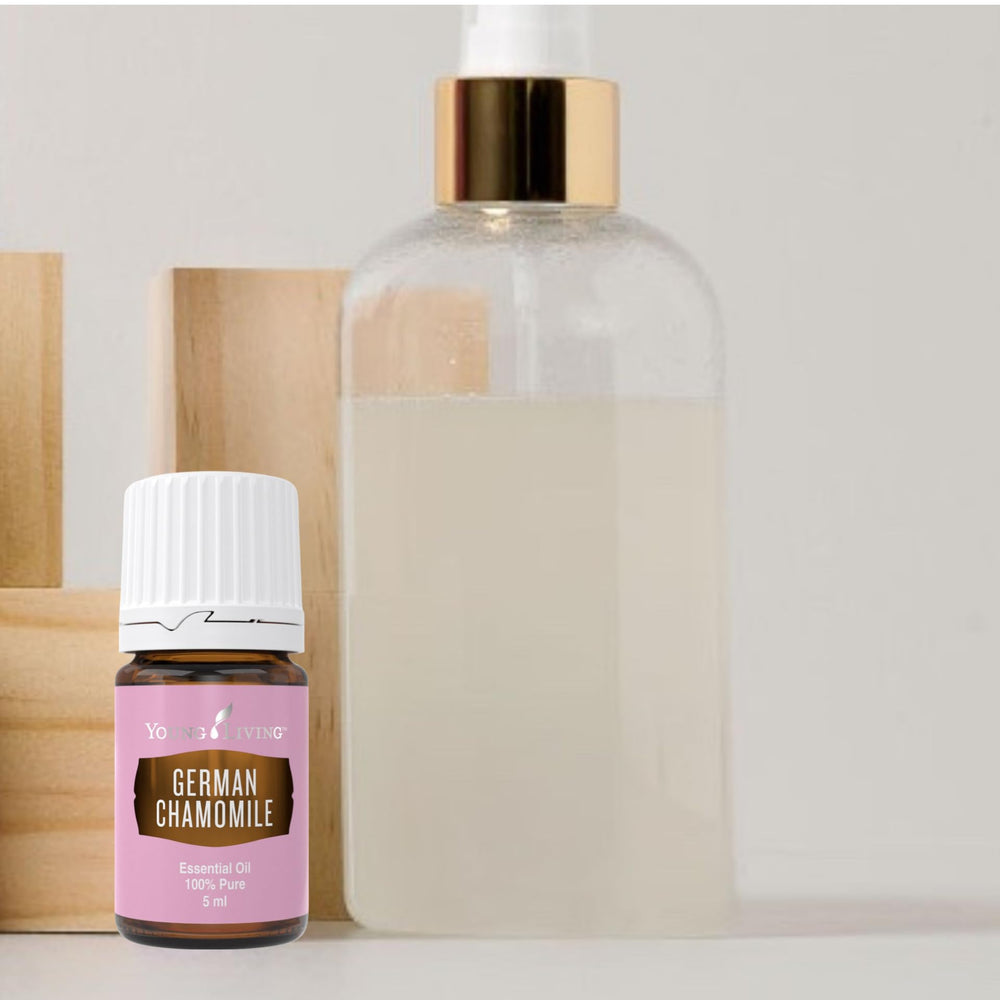 Close-up of premium label on Young Living German Chamomile bottle