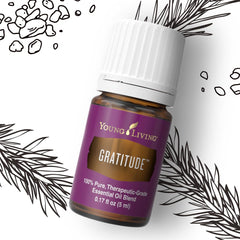 Young Living Gratitude note emphasizes frankincense and myrrh for balance.