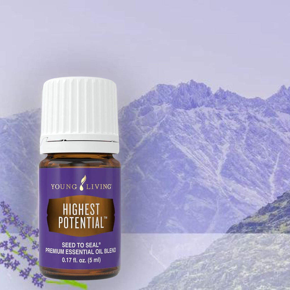 Close-up of Highest Potential oil label from Young Living, premium essential oil blend