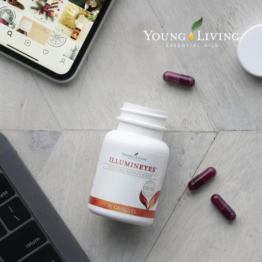 Young Living IlluminEyes bottle pour illustrating easy daily capsule intake.