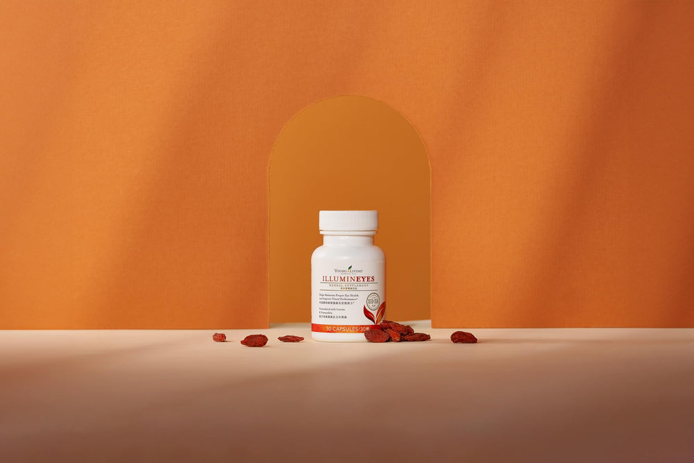 Young Living IlluminEyes box packaging showing product details and branding.