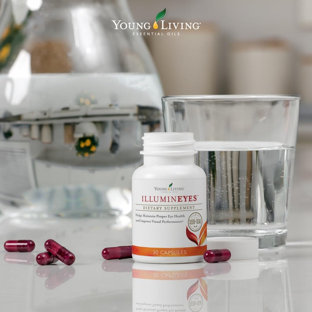 Young Living IlluminEyes capsules close-up highlighting lutein and zeaxanthin for vision support.