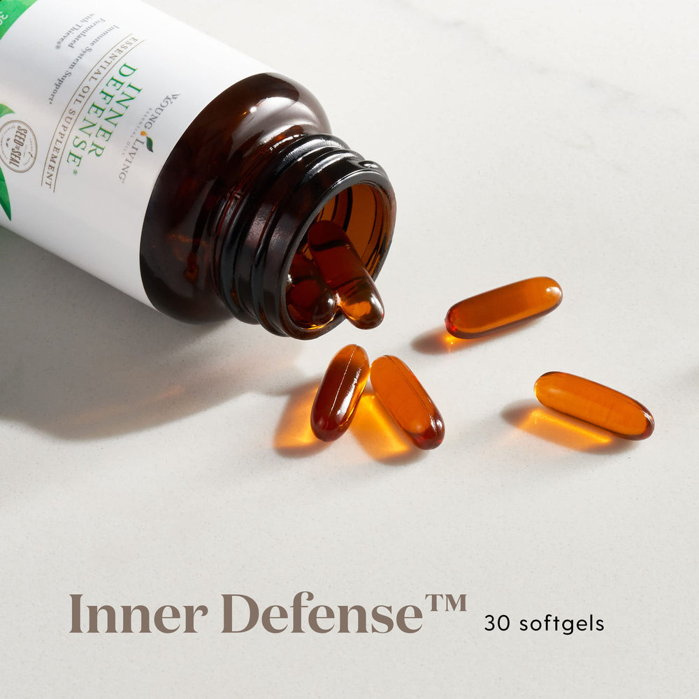 Young Living Inner Defense capsules close-up, softgels designed for rapid absorption.