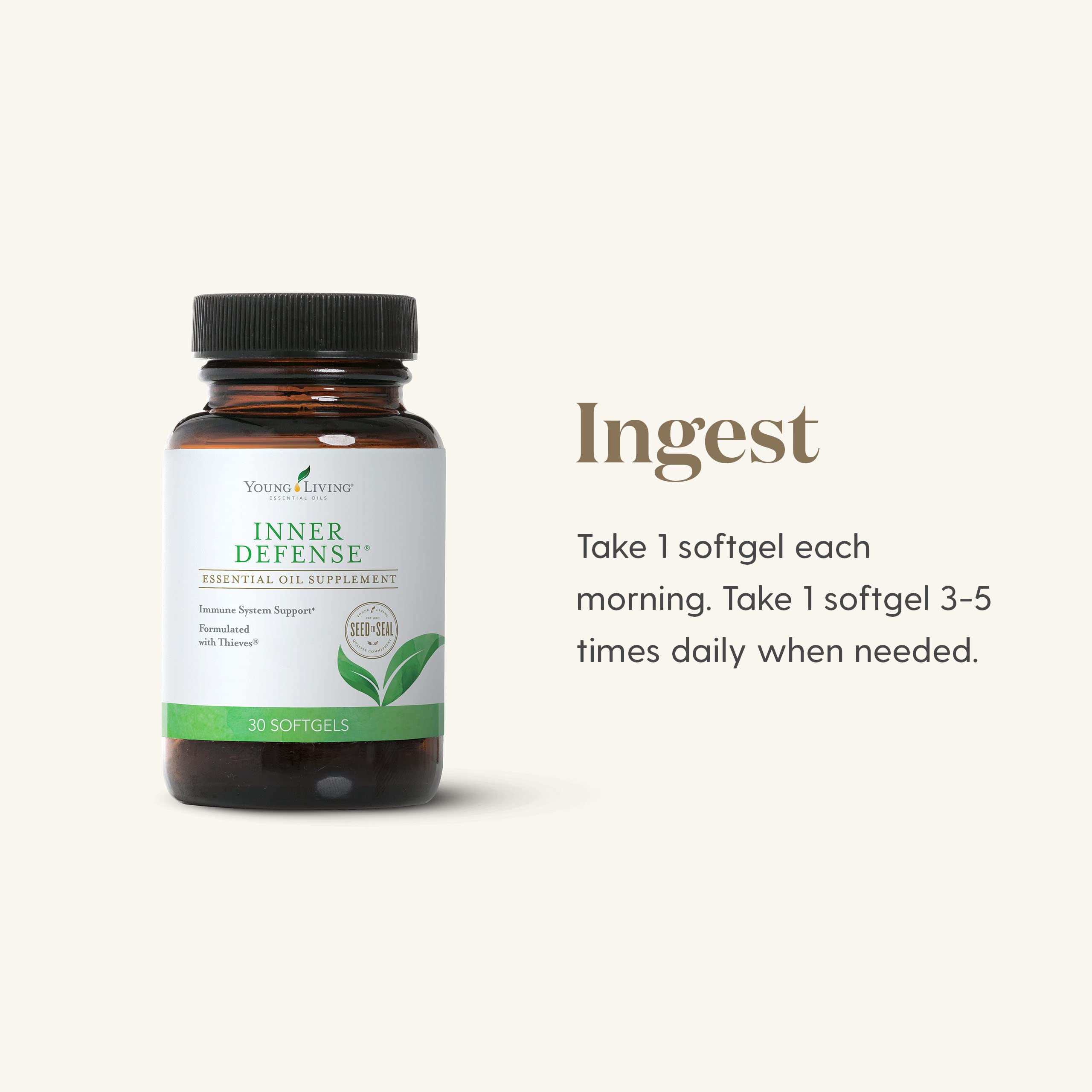 Young Living Inner Defense softgels held in hand for easy daily use.