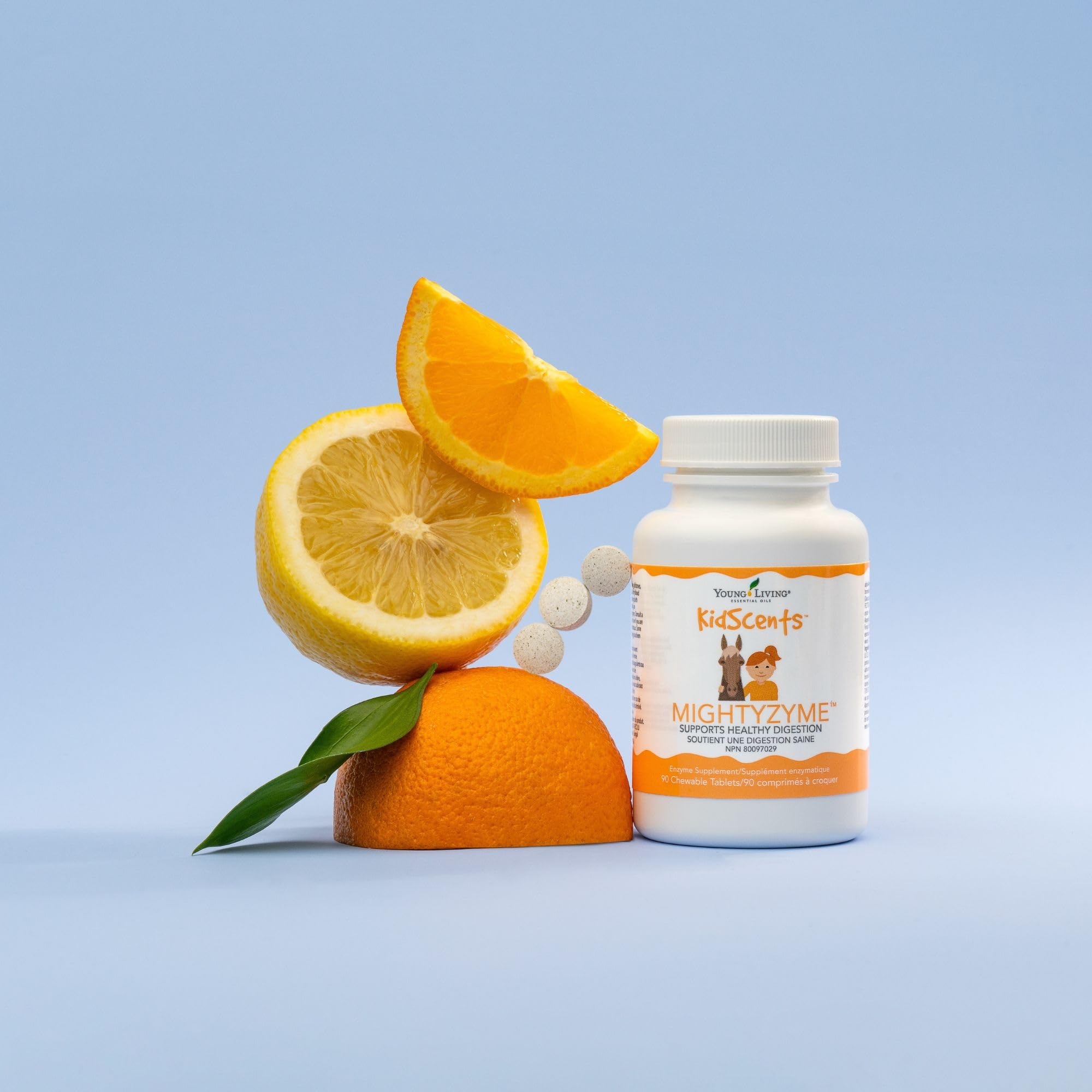 Closeup of MightyZyme tablets showing plant-derived enzymes for kids.