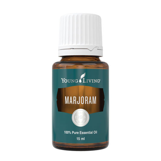 Young Living Marjoram oil bottle shown for soothing aroma and relaxation