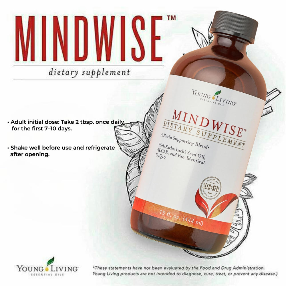 Young Living MindWise bottle back reveals ingredient highlights for heart wellness.