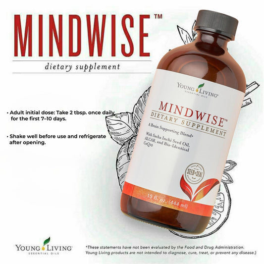 Young Living MindWise bottle back reveals ingredient highlights for heart wellness.