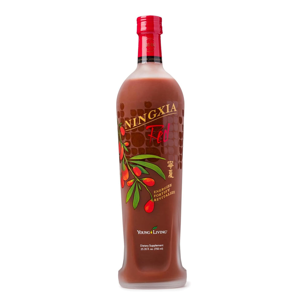 Young Living NingXia Red bottle front highlights a nutrient-rich daily wellness option.