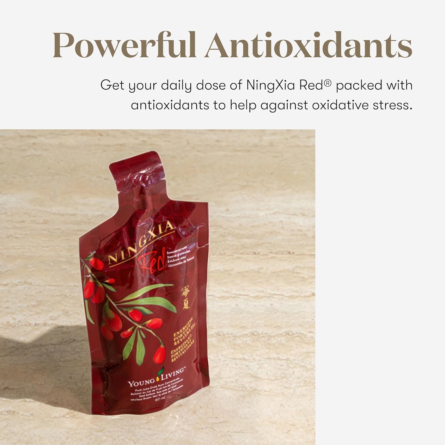 Young Living NingXia Red bottle side view showing label design and branding