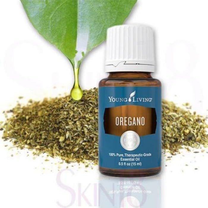 Close-up of Young Living Oregano Oil label showing pure oregano leaf/stem oil.