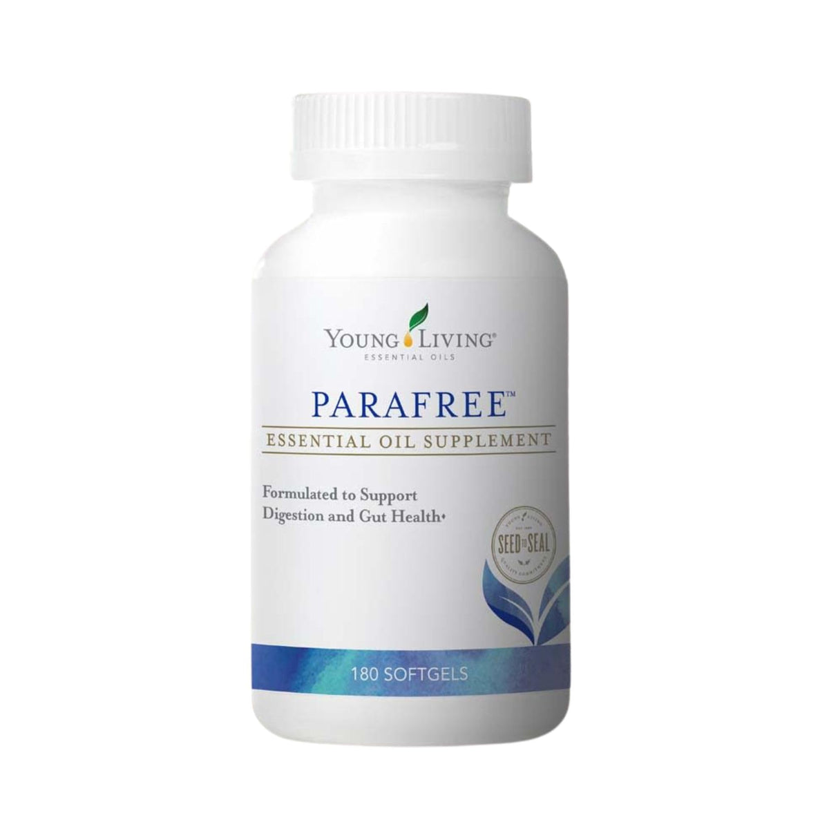 Young Living ParaFree Softgels bottle front highlighting eco packaging and digestive support.