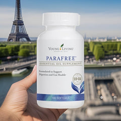 Young Living ParaFree Softgels in-use bottle showing easy daily routine.