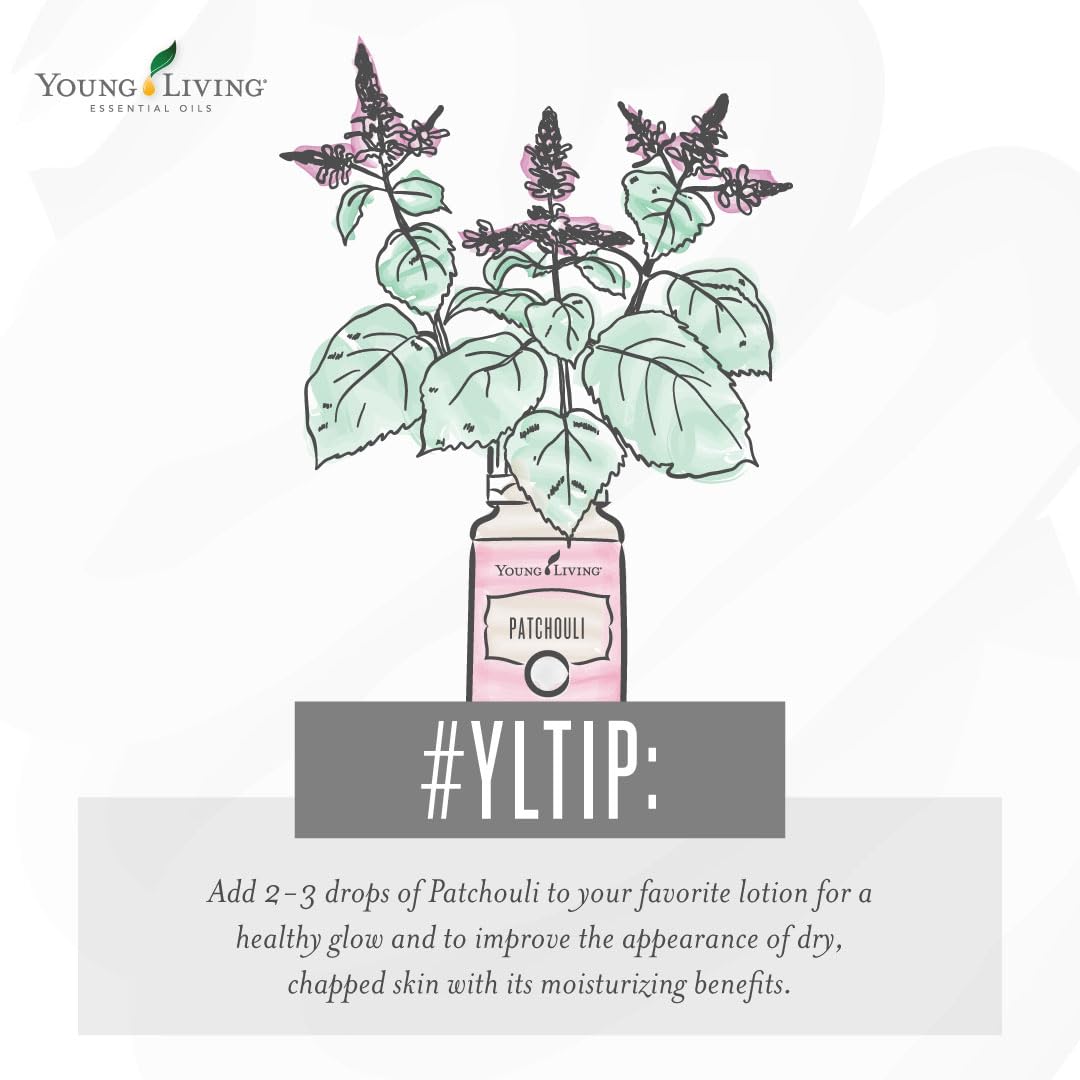 Closeup of Young Living Patchouli oil bottle highlighting rich natural scent.