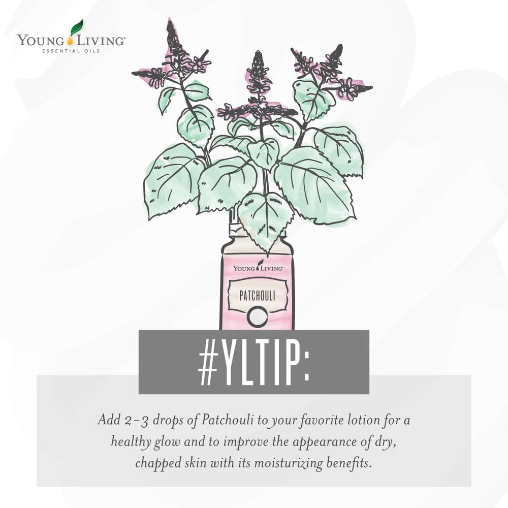 Closeup of Young Living Patchouli oil bottle highlighting rich natural scent.