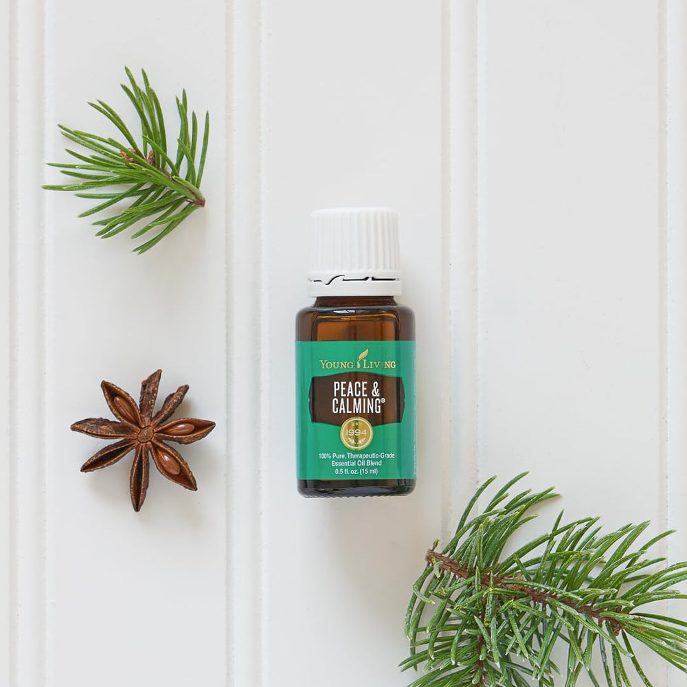 Young Living Peace & Calming label close-up showcasing a calming essential oil blend.