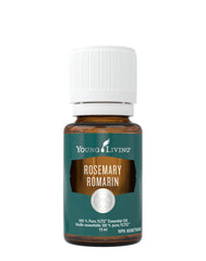 Young Living Rosemary Oil bottle with pour, highlighting a fresh herbaceous aroma.