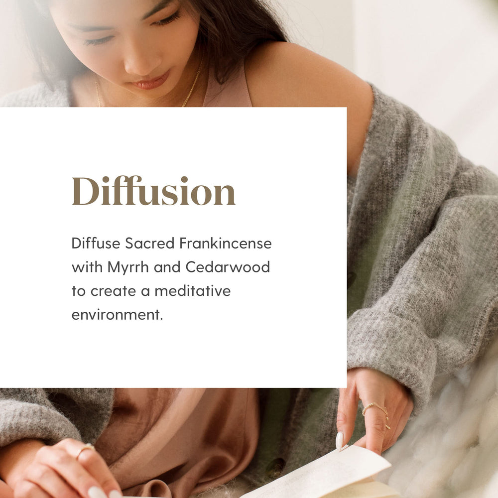 Young Living Sacred Frankincense diffuser setup fills space with serene woodsy notes for calm focus.