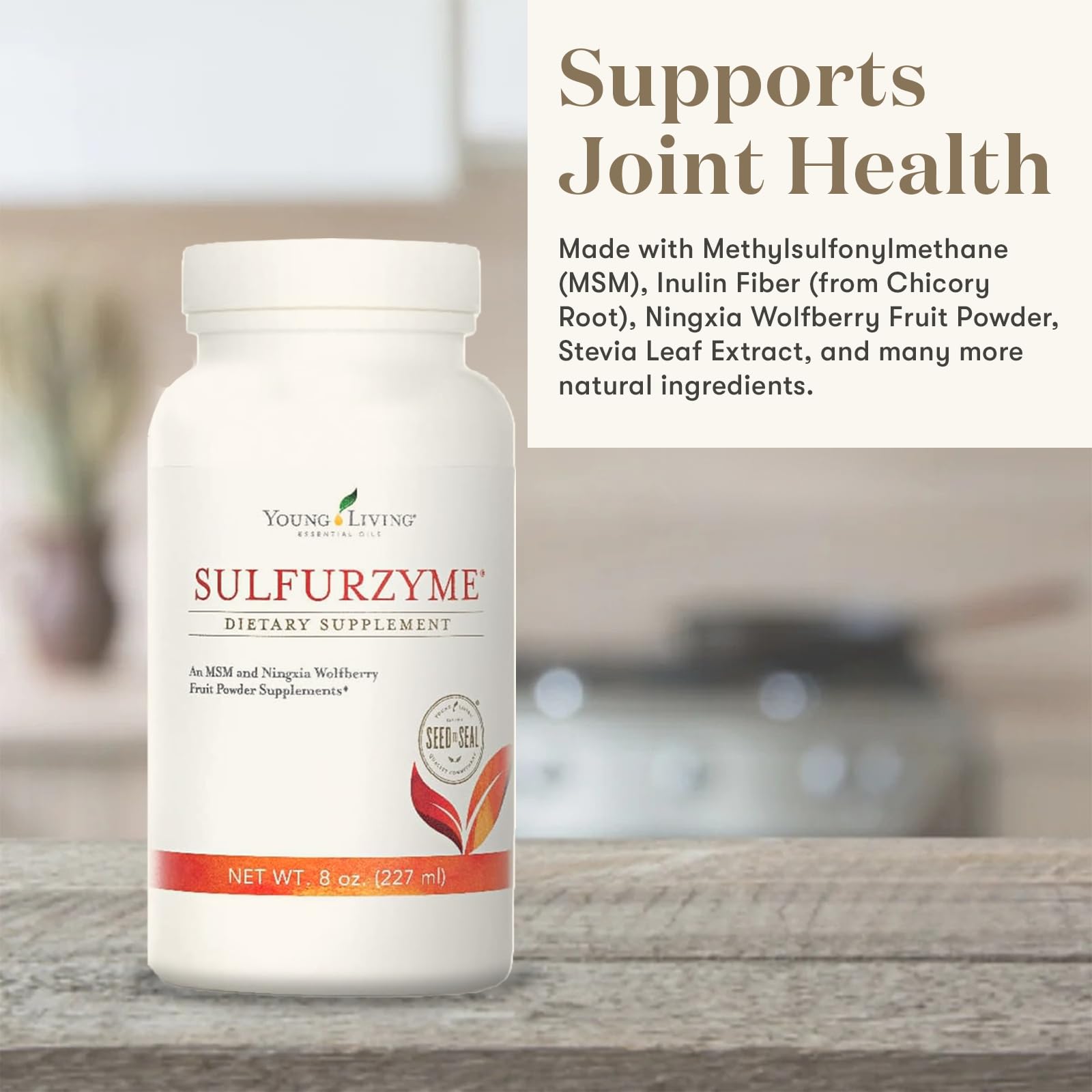 Close-up of Young Living Sulfurzyme label highlighting natural ingredients.