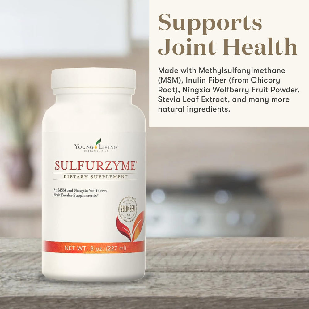 Close-up of Young Living Sulfurzyme label highlighting natural ingredients.