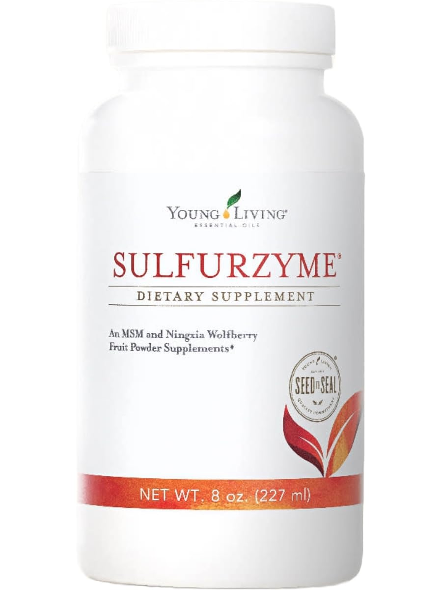 Young Living Sulfurzyme powder tub on counter, may support joint comfort and digestion.