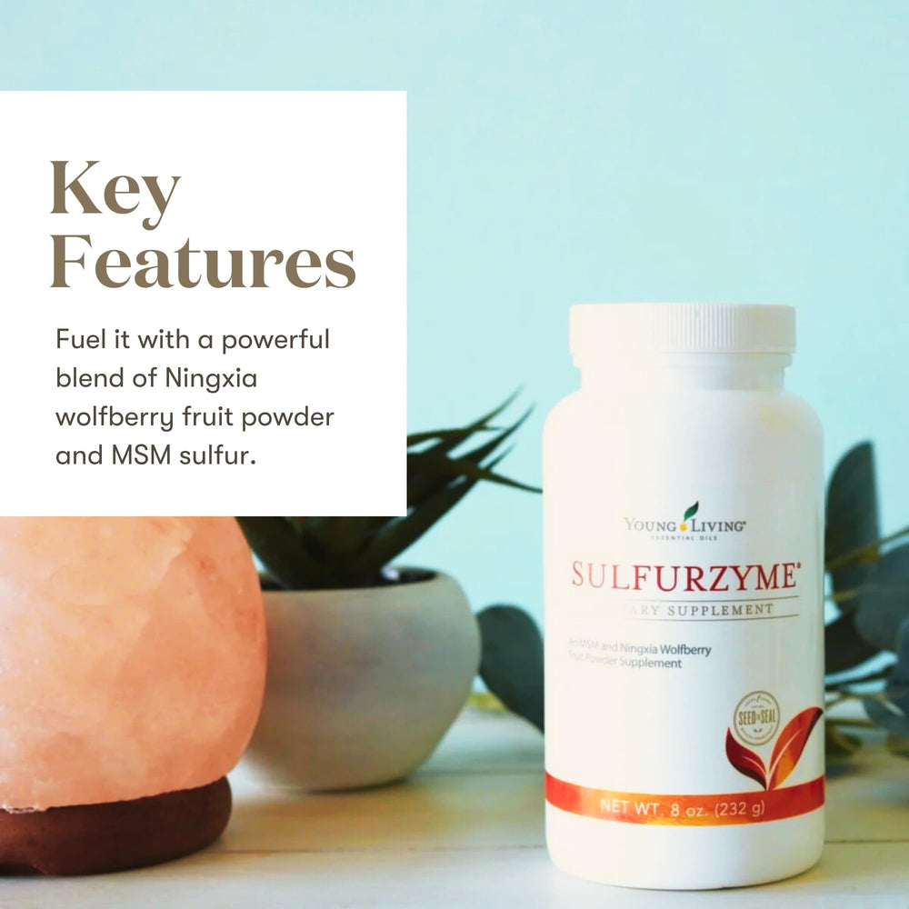 Young Living Sulfurzyme powder with scoop ready to blend into a drink for daily energy.