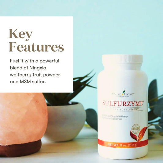 Young Living Sulfurzyme powder with scoop ready to blend into a drink for daily energy.