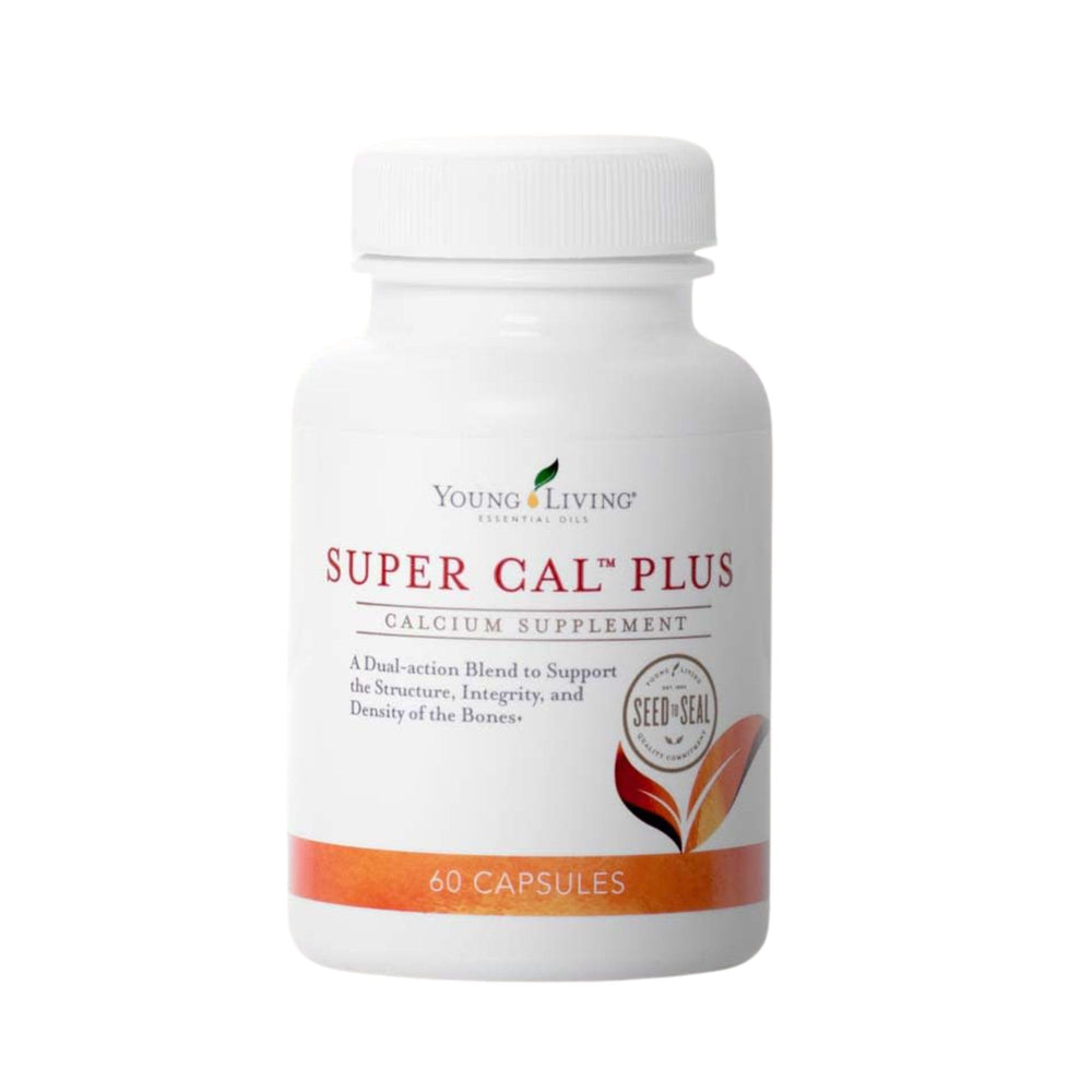 Young Living Super Cal Plus bottle close-up showing capsules for daily bone support.