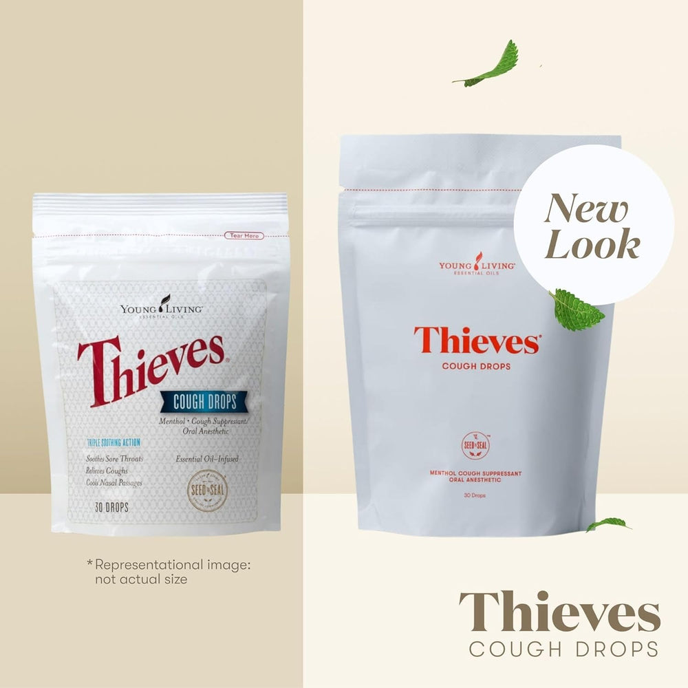 Ingredients label highlights essential oils in Young Living Thieves Cough Drops.