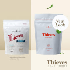 Ingredients label highlights essential oils in Young Living Thieves Cough Drops.