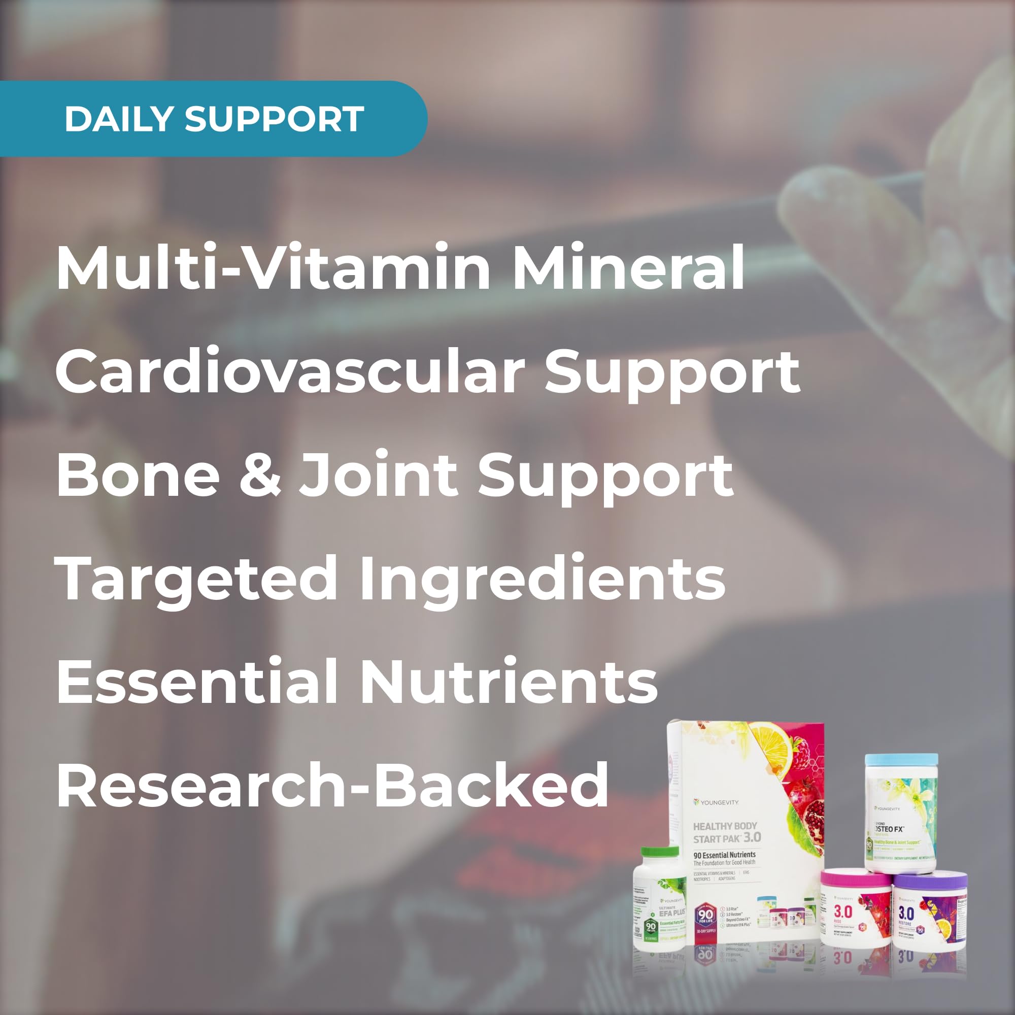 Youngevity 3.0 Restore formulation bottle for evening recovery.