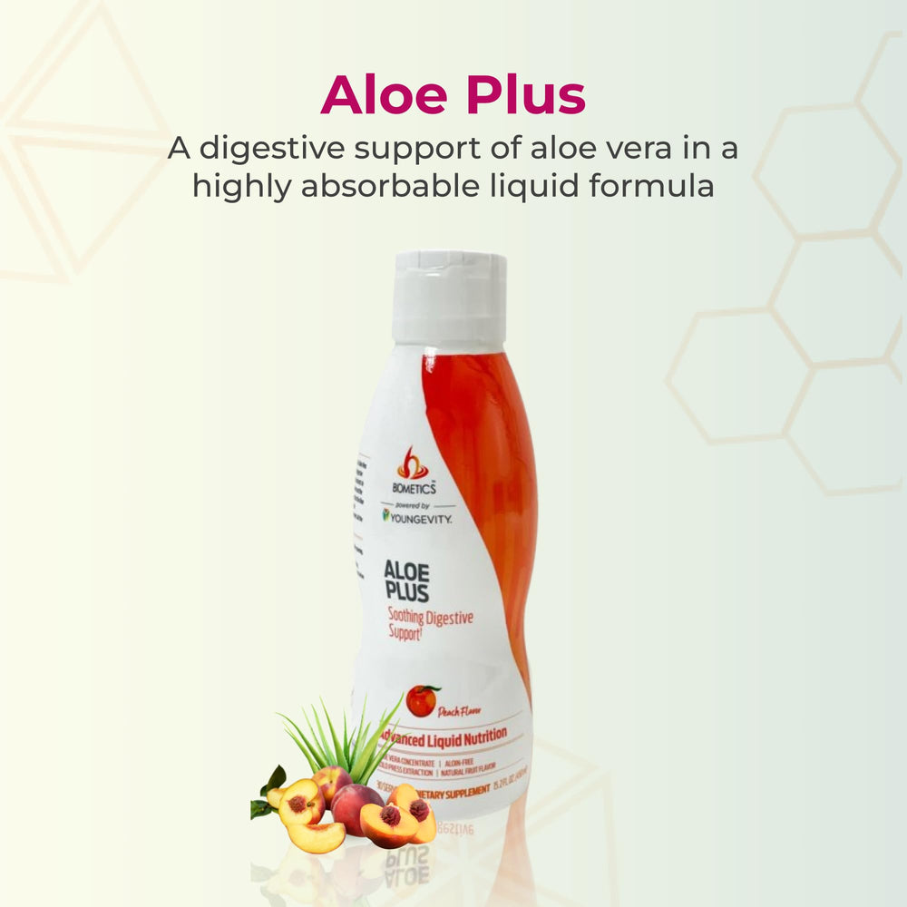 Youngevity Aloe Plus label highlighting the natural blend for digestive comfort.