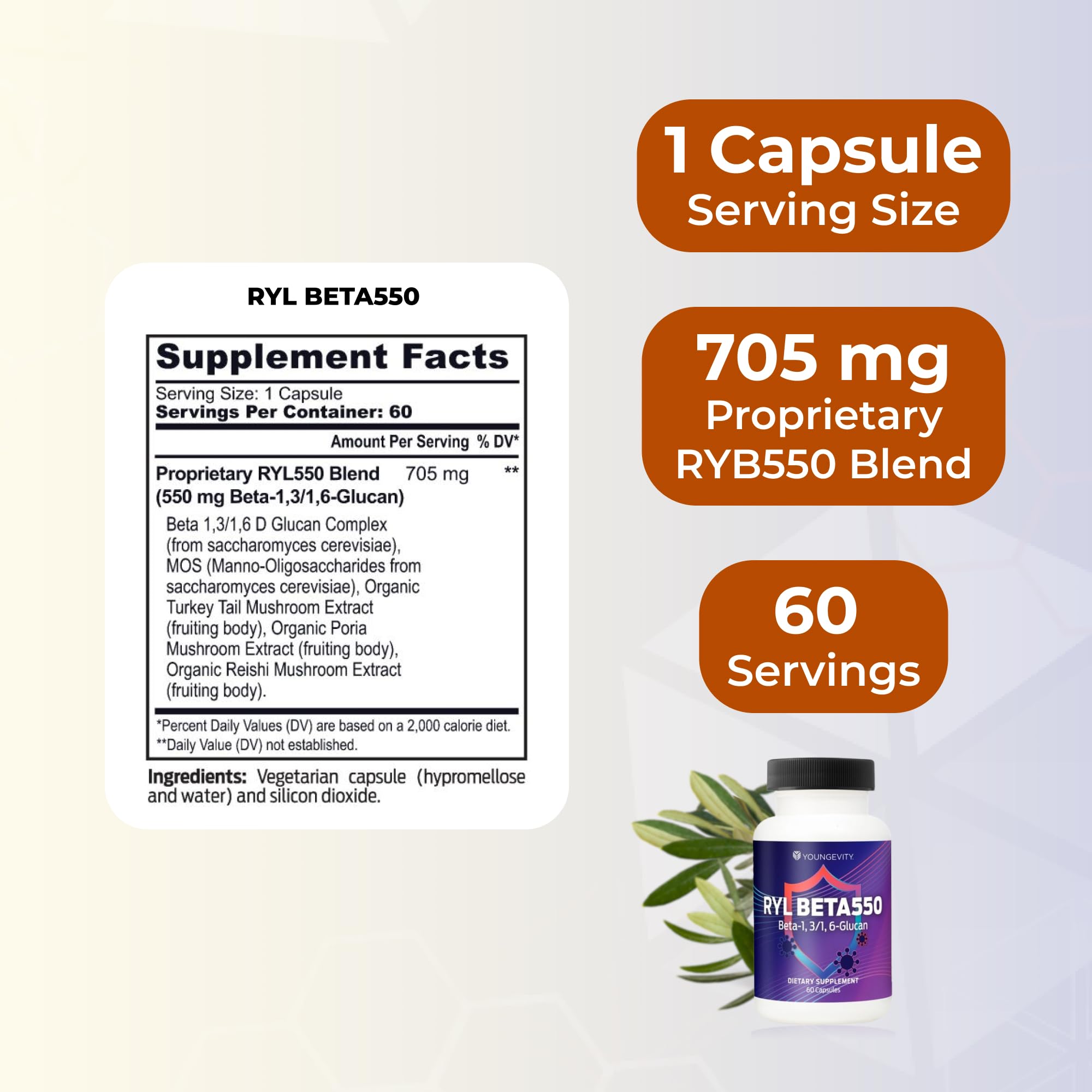 Ingredient panel highlights Beta-1,3/1,6-Glucan and organic mushroom extracts