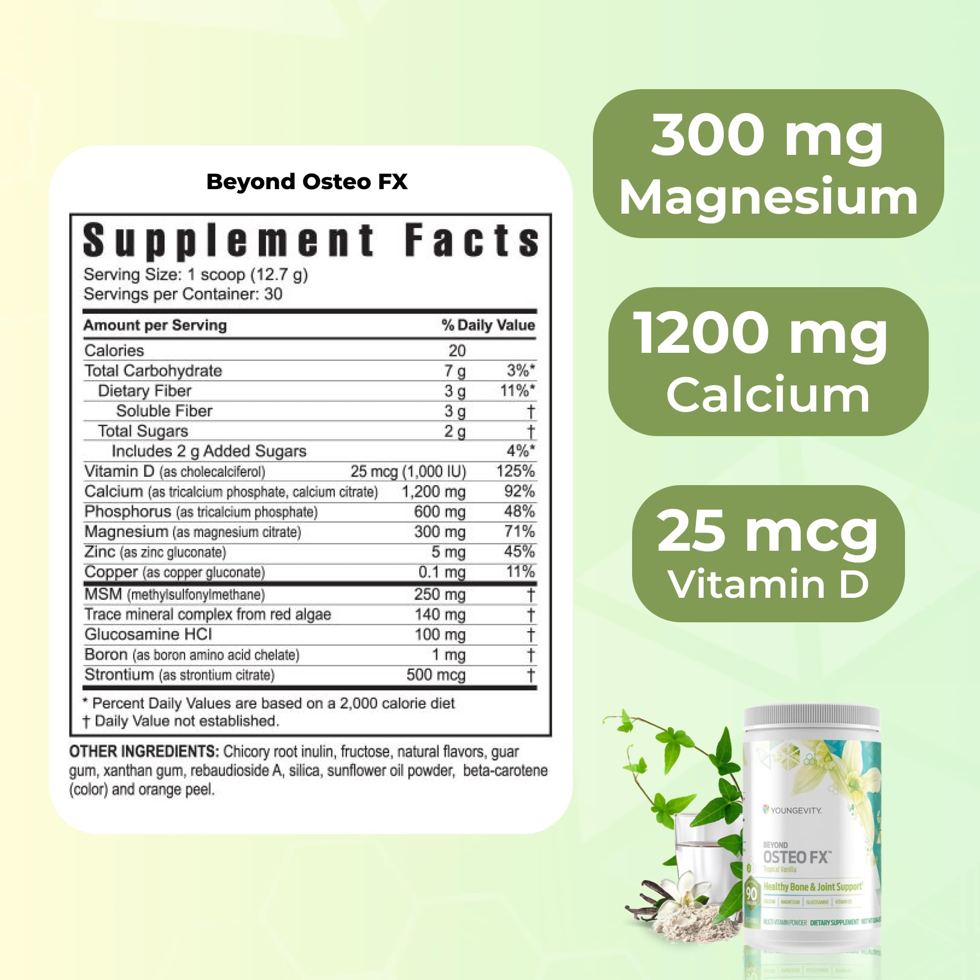 Ingredient panel of Youngevity Beyond Osteo-FX showing calcium and vitamin D3.
