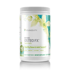 Youngevity Beyond Osteo-FX powder bottle in tropical vanilla flavor, ready to mix for daily mineral intake.