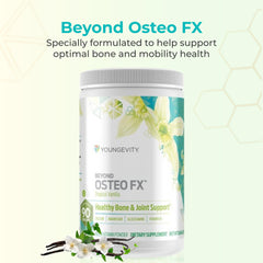 Scoop beside Youngevity Beyond Osteo-FX bottle for a calcium-rich daily routine.
