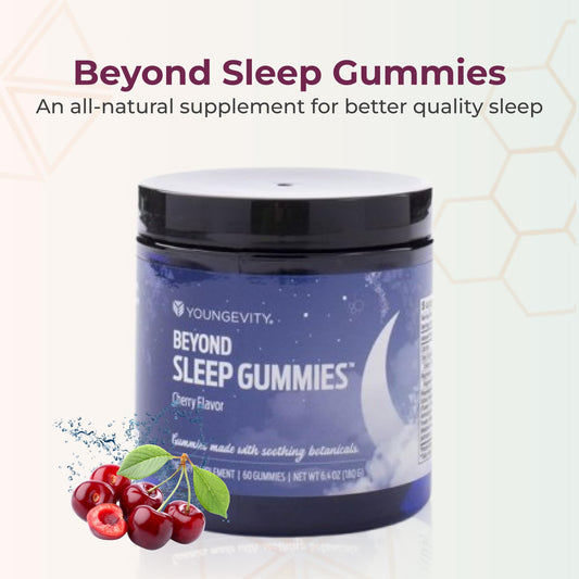 Youngevity Beyond Sleep Gummies cap close-up highlighting the cap seal for quality.