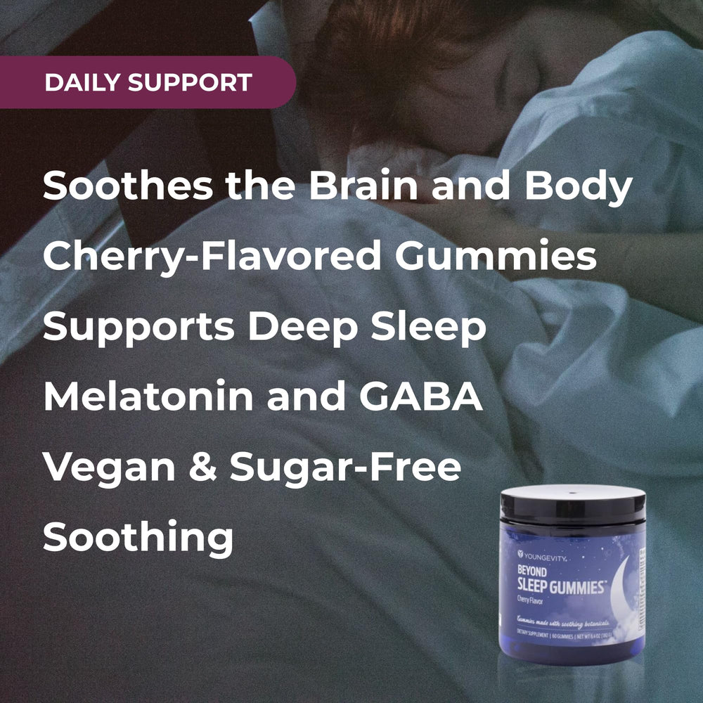 Youngevity Beyond Sleep Gummies tart cherry flavor for night-time relaxation.