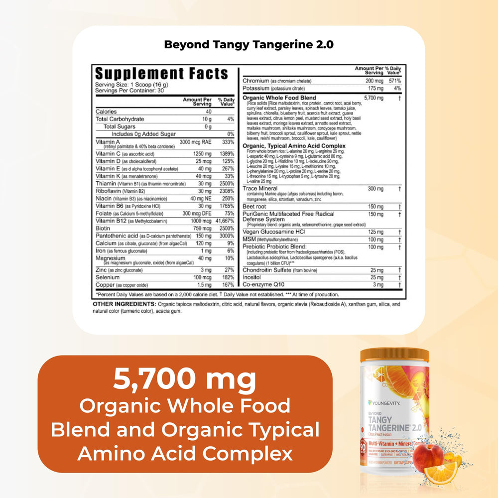 Youngevity Beyond Tangy Tangerine 2.0 bottle close-up, citrus peach fusion flavor.