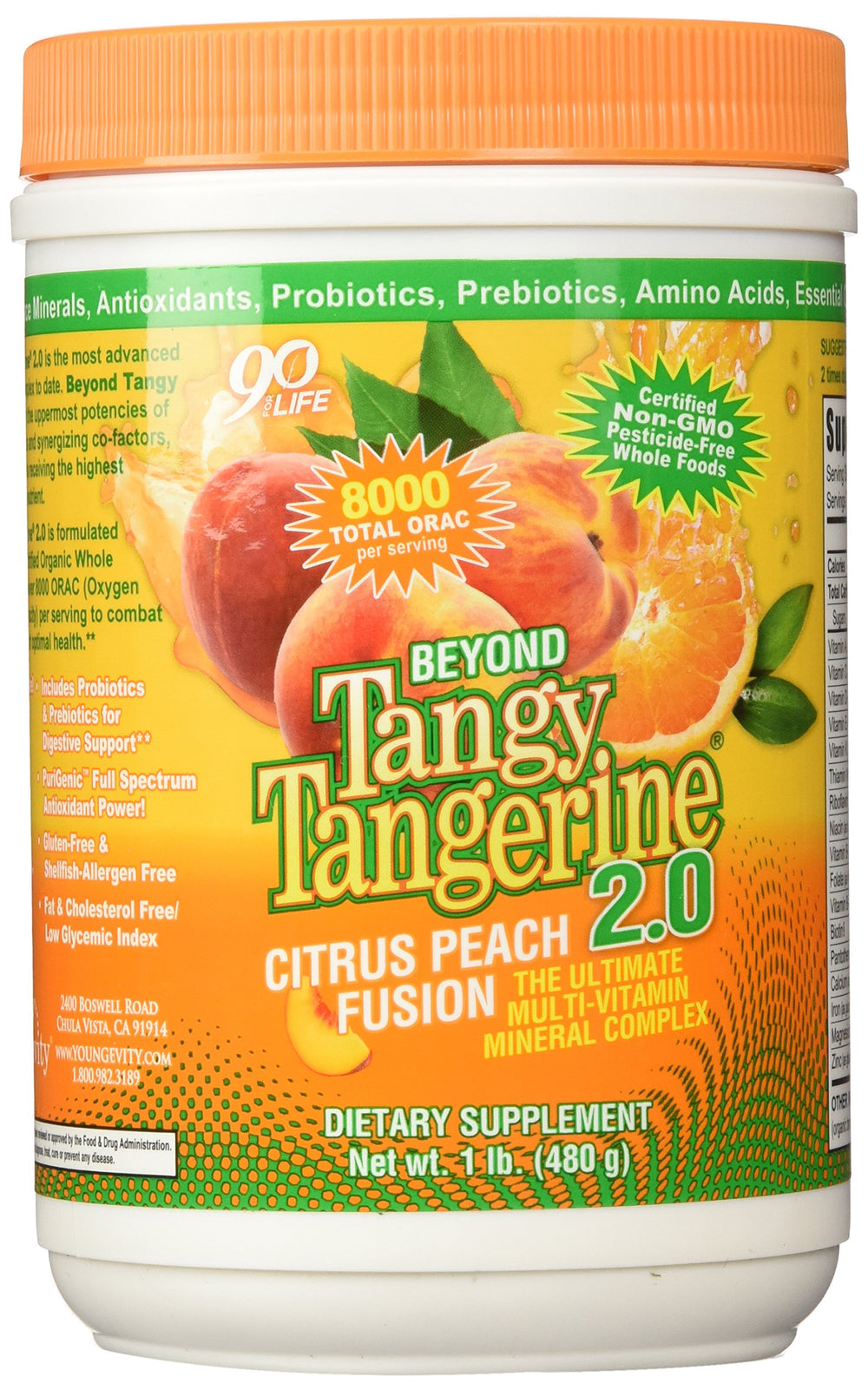 Youngevity Beyond Tangy Tangerine 2.0 bottle label promoting citrus peach fusion for daily nutrients.