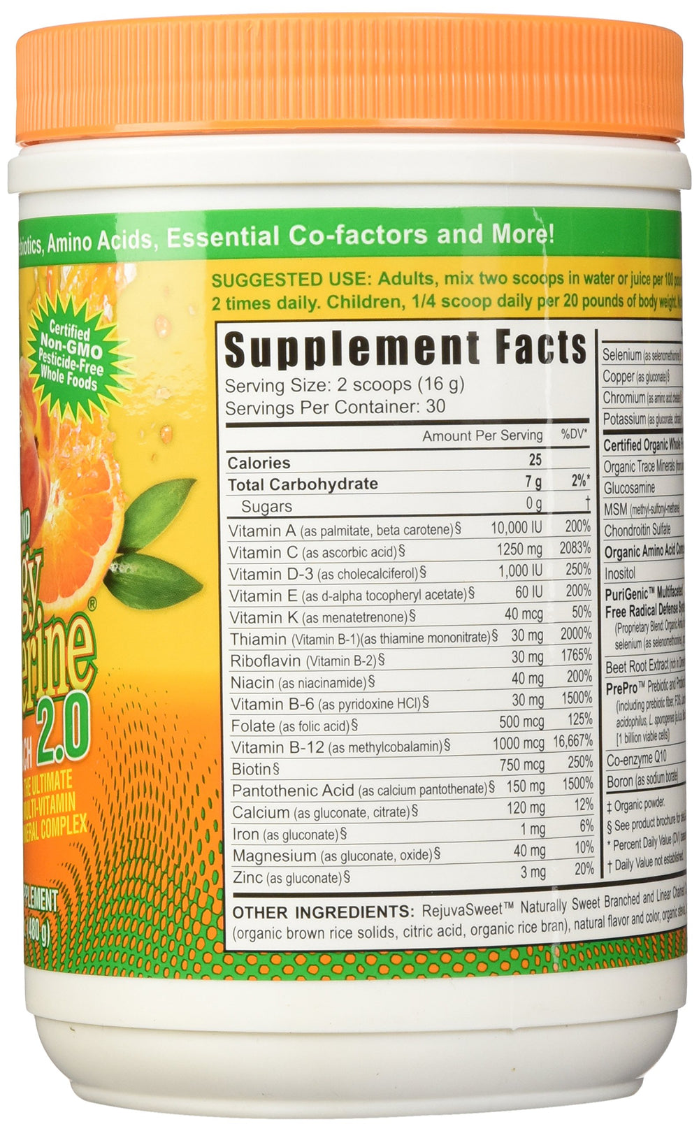 Close-up of the Youngevity canister highlighting certified organic whole-food ingredients.