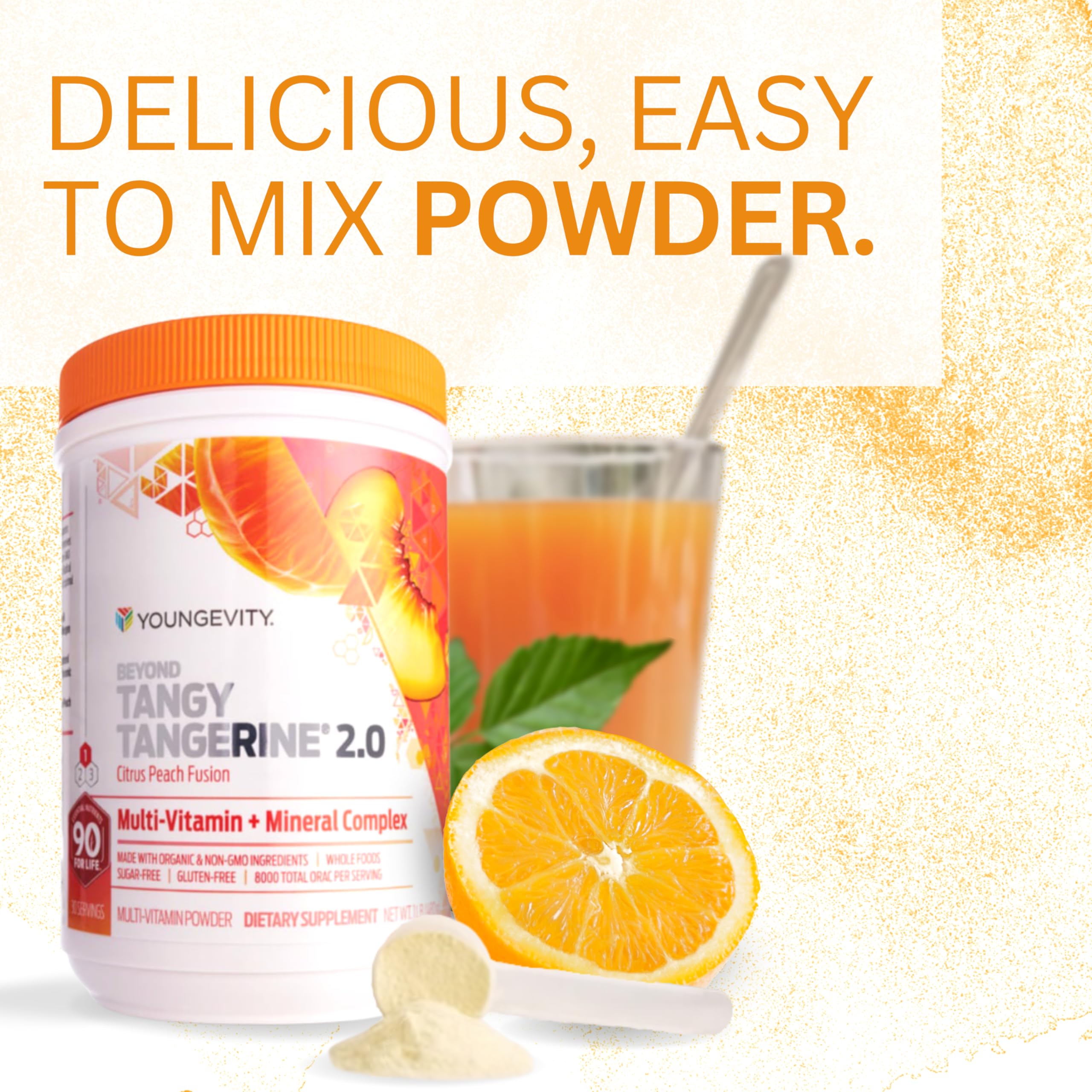 Youngevity Beyond Tangy Tangerine 2.0 mix-in glass showcases straw-ready drink.