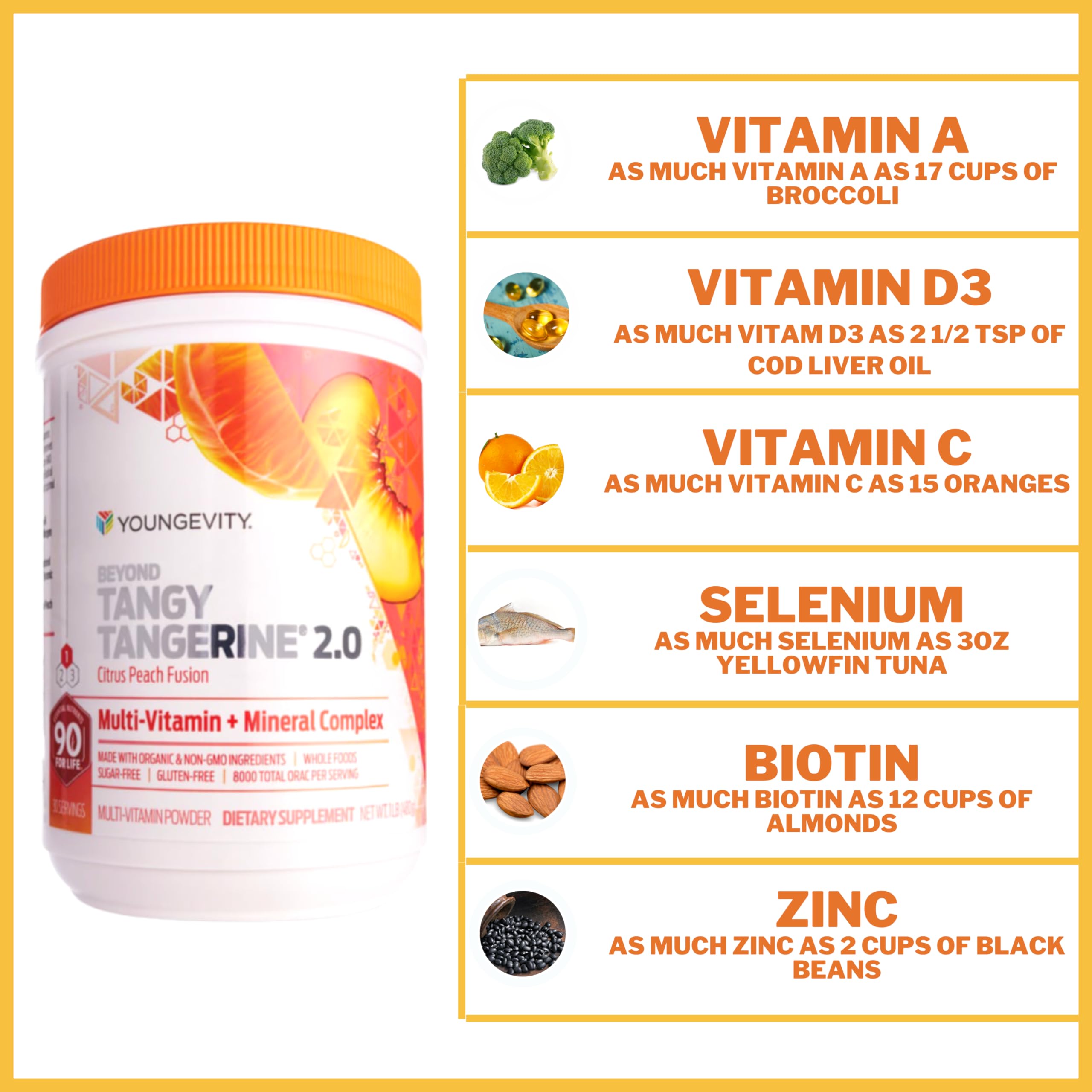 Youngevity Beyond Tangy Tangerine 2.0 feature panel lists essential nutrients.