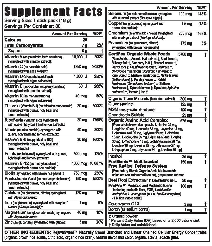 Youngevity Beyond Tangy Tangerine 2.0 nutrition panel displays minerals amino acids vitamins.