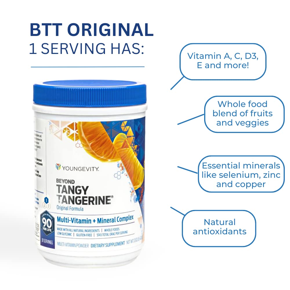 Pouring Youngevity Beyond Tangy Tangerine into a glass highlights quick mix.